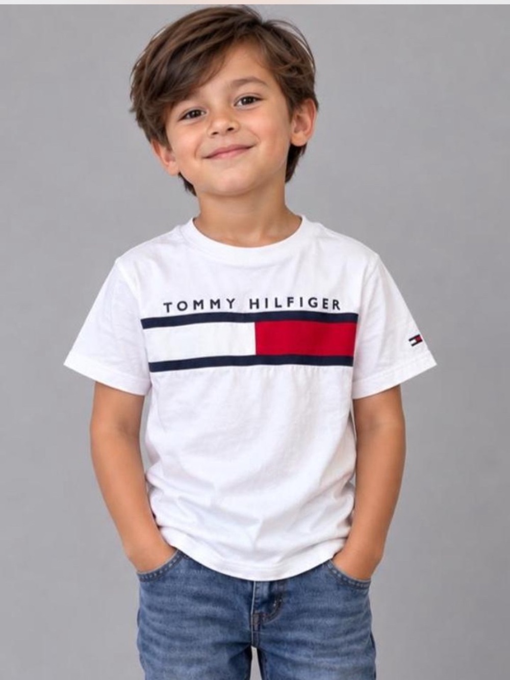 Tommy Hilfiger White Tee with Red & Navy Logo Stripe - Kids